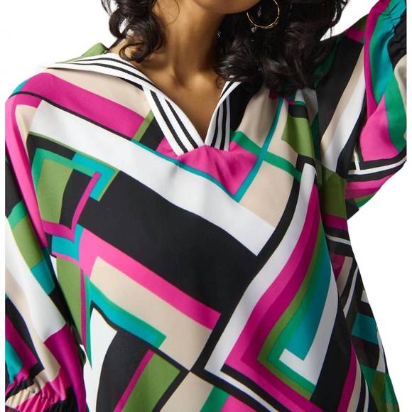 NEW JOSEPH RIBKOFF georgette geometric print boxy top in black/multi - Picture 5 of 5